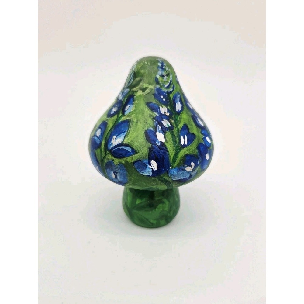 Handpainted Wooden Mushroom Figurine Bluebonnet‎ Impressionist Small 3.75" ART